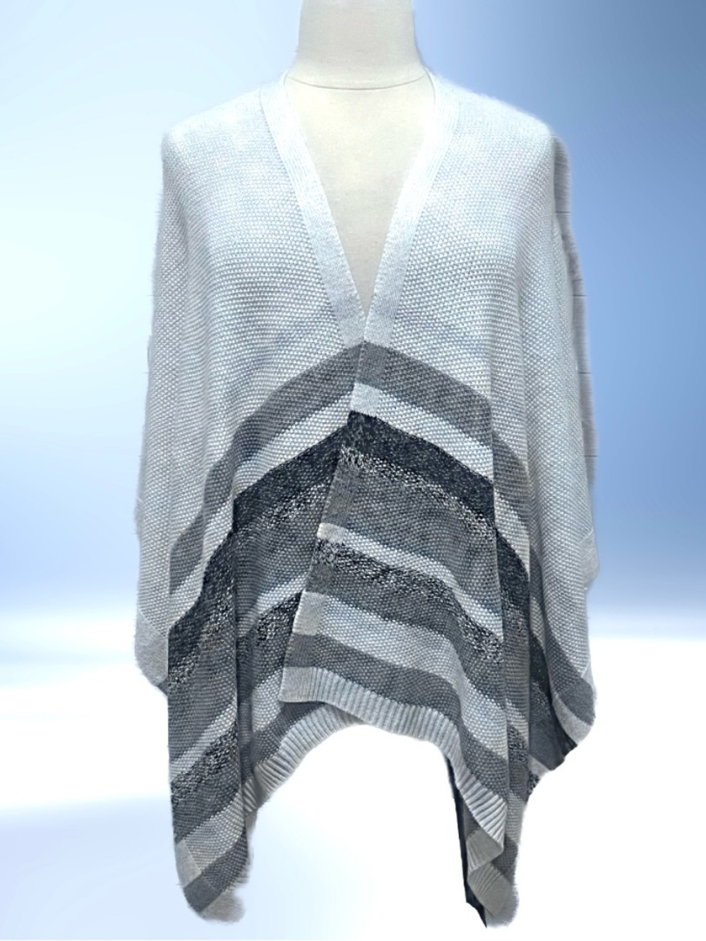 White House Black Market Gray and White Striped Open-Front Poncho